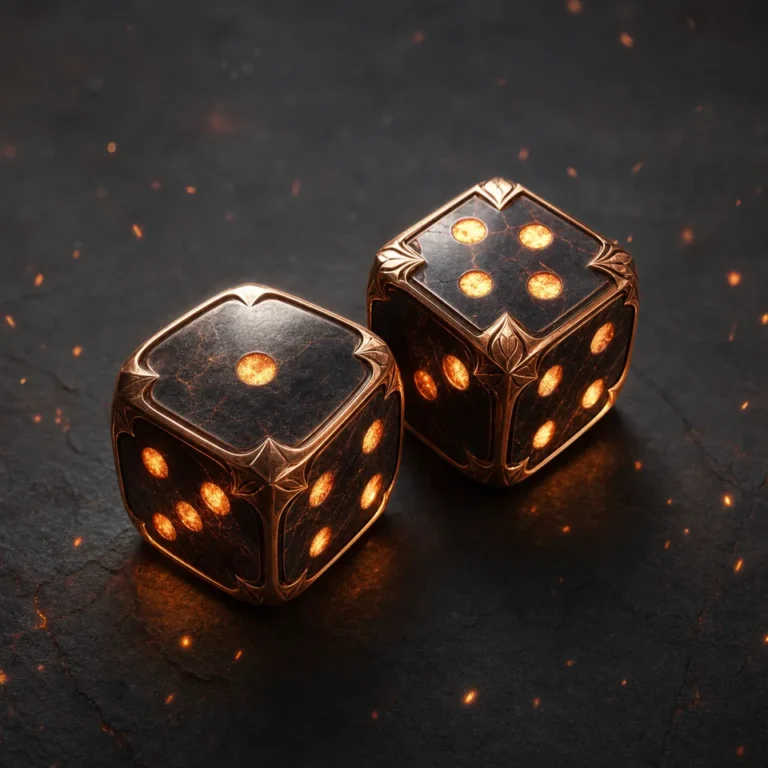 Fictional glowing ember dice game artwork
