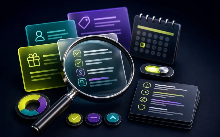 Abstract offer cards inspected through a magnifying lens