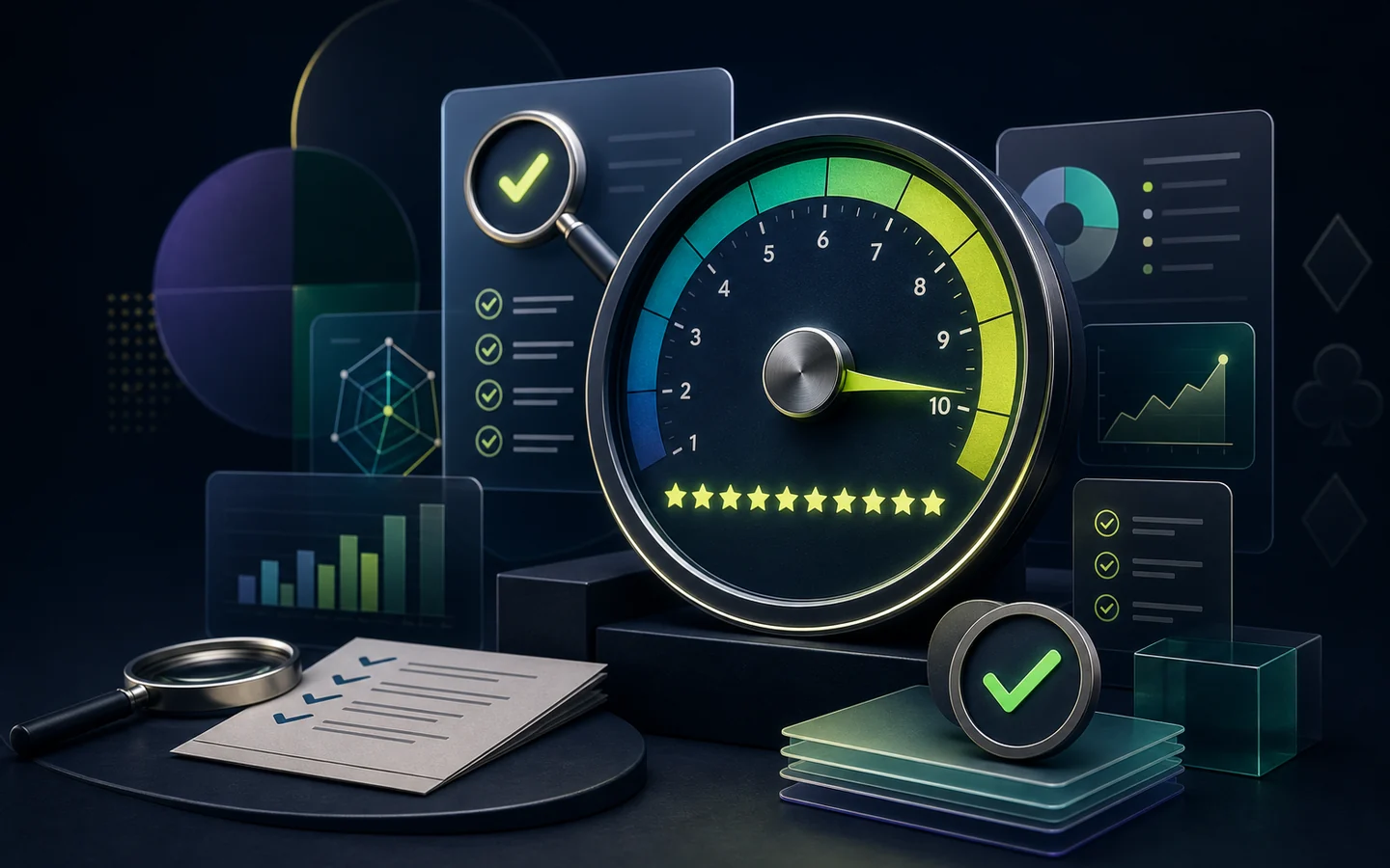 Abstract rating dial, verification marks, and data cards
