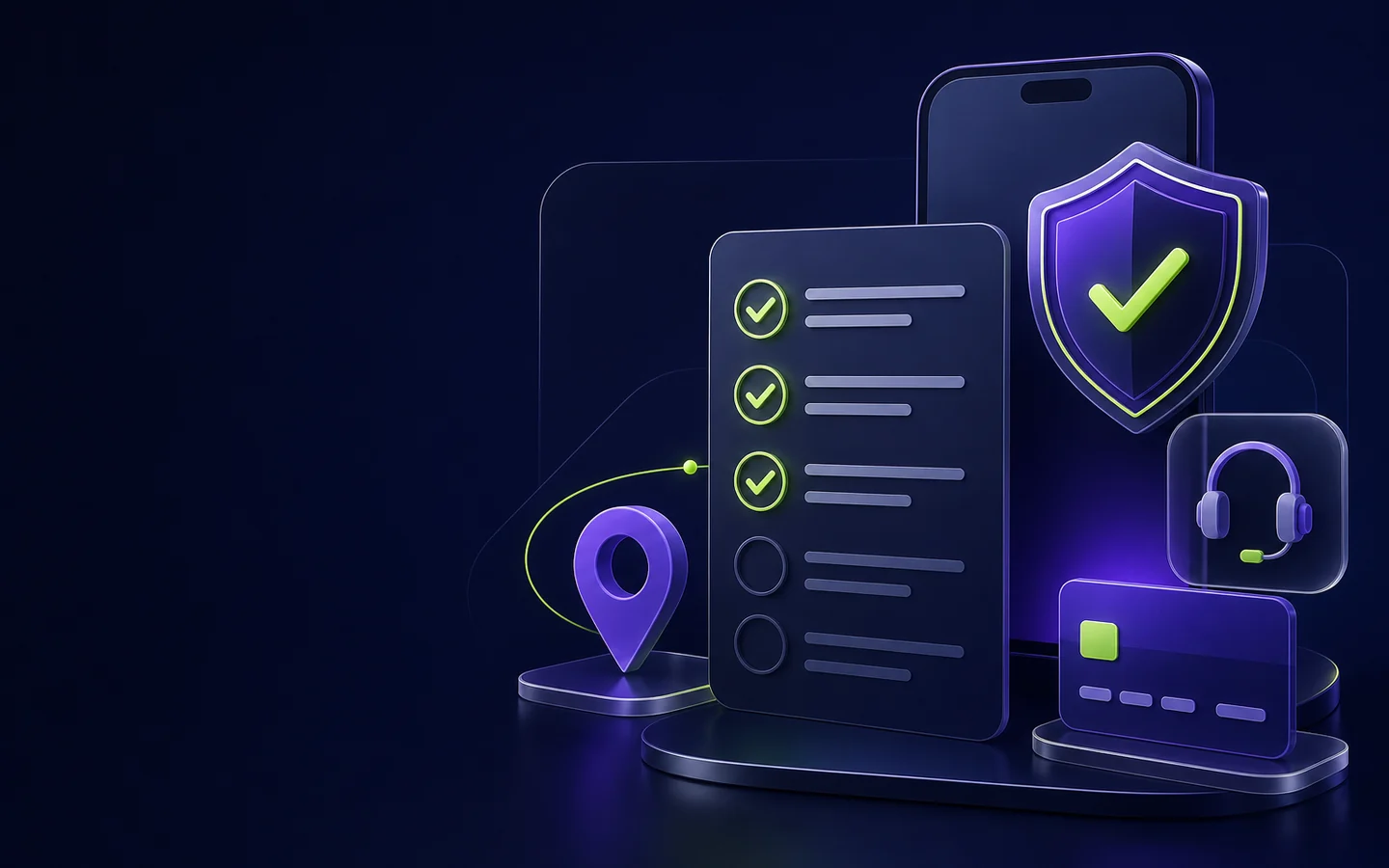 Abstract registration checklist, verification shield, location, payment, and support symbols